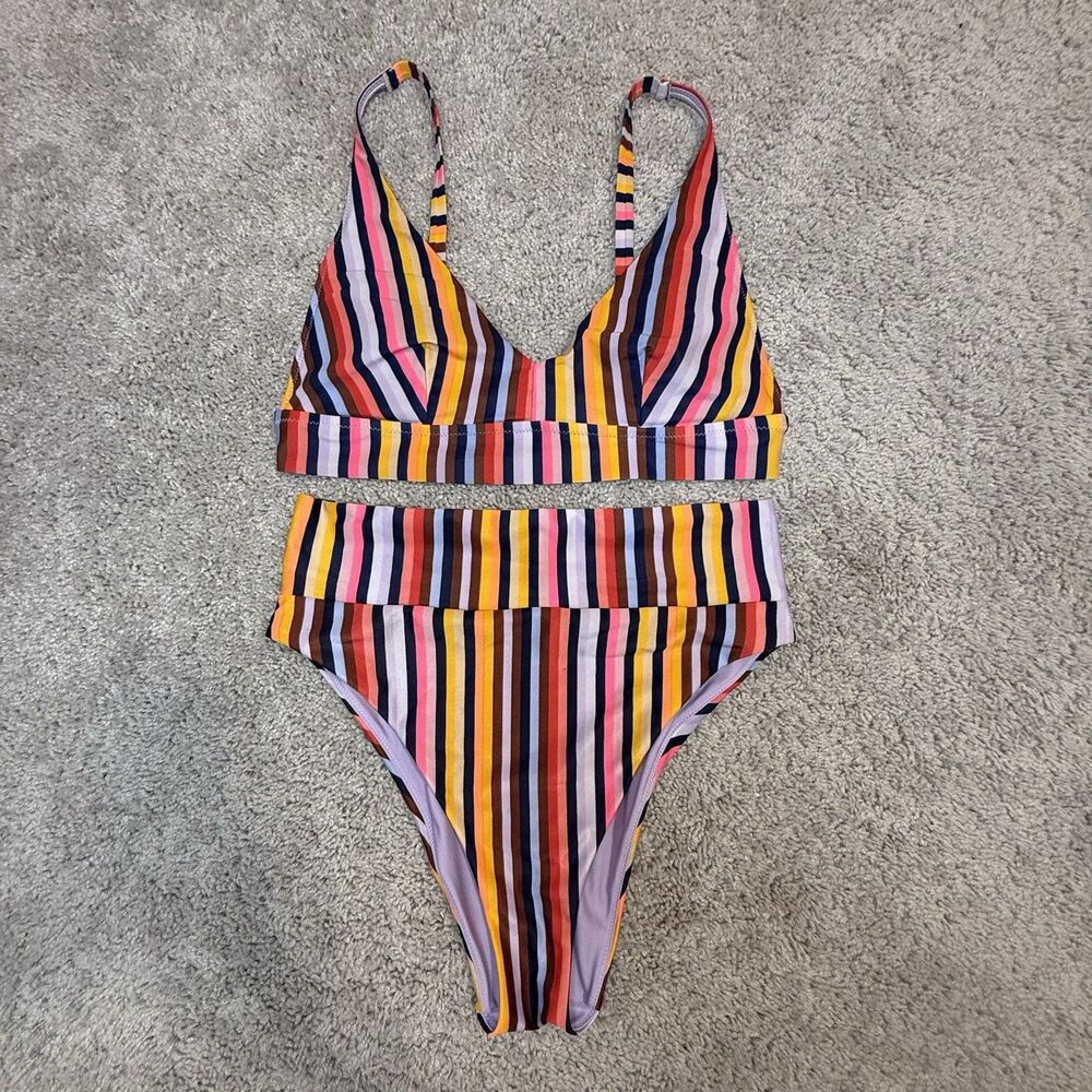 Aerie Medium Vertical Striped Scoop Neck Top High Cut Cheeky Bottom Bikini Set